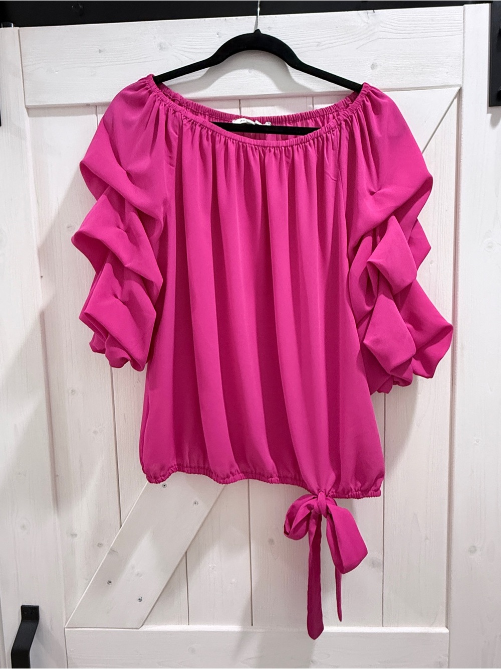 Rose & Olive Hot Pink Off-Shoulder Ruffle Sleeve Top with Tie Hem